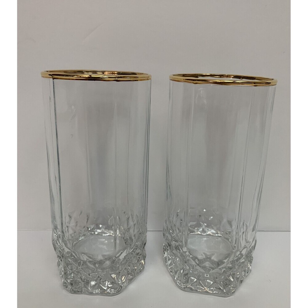Vintage Pasabahce 24k Gold Rim Tumbler Glasses Diamond Pattern‎ Neoclassical Set